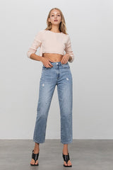 Minimal Distress Ankle-Length Medium Denim Jeans