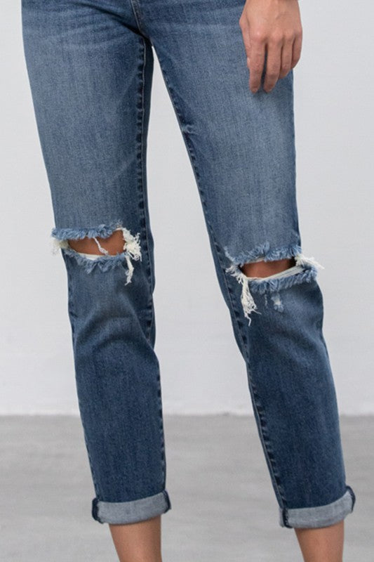 Dark Wash Denim Ripped Boyfriend Jeans