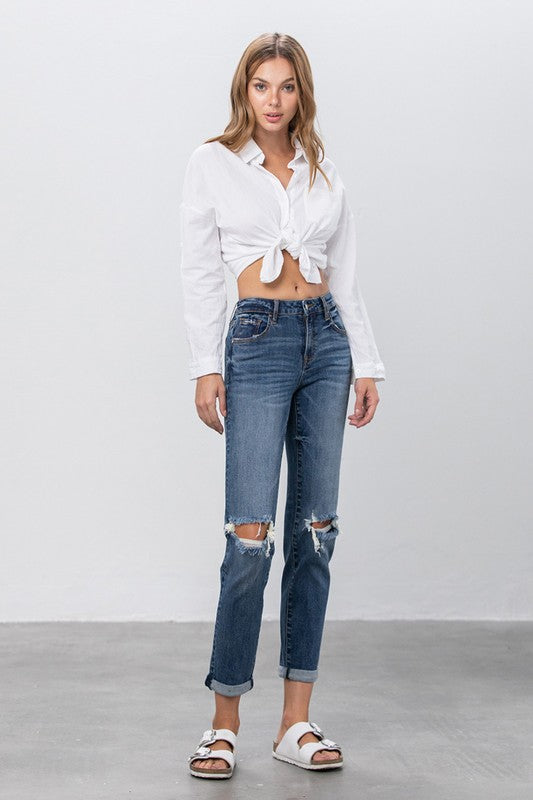 Dark Wash Denim Ripped Boyfriend Jeans