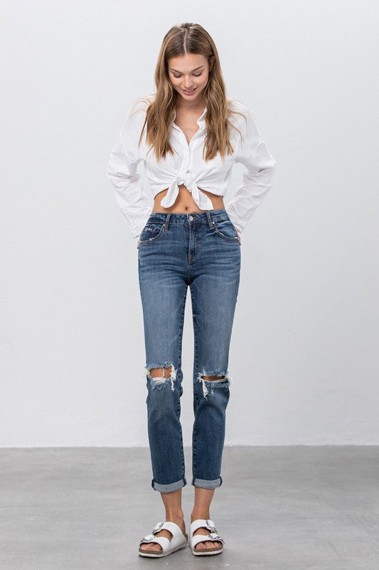 Dark Wash Denim Ripped Boyfriend Jeans