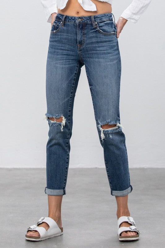 Dark Wash Denim Ripped Boyfriend Jeans