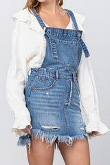 Frayed Detail Medium Wash Skirt Overalls