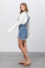 Frayed Detail Medium Wash Skirt Overalls