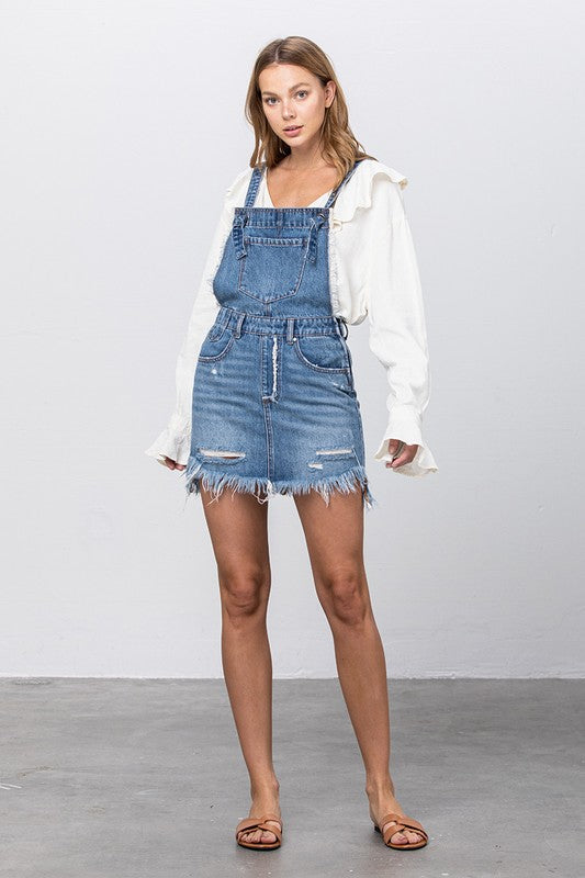 Frayed Detail Medium Wash Skirt Overalls