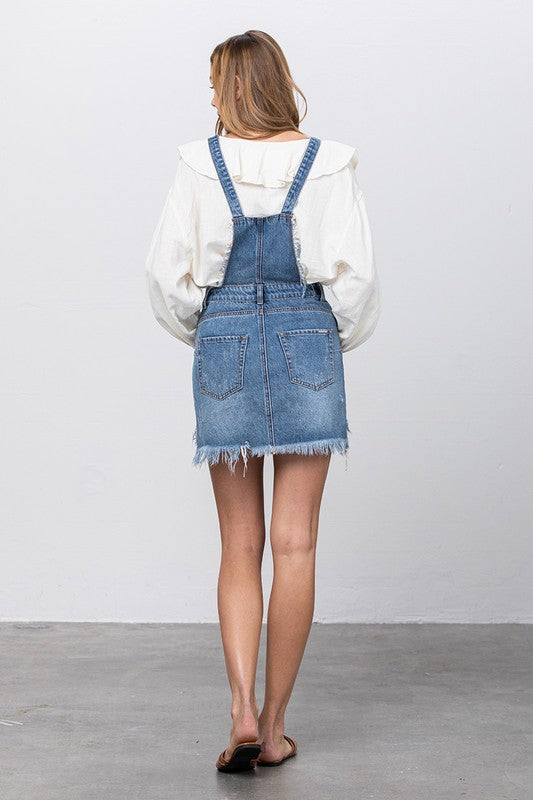 Frayed Detail Medium Wash Skirt Overalls