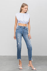 Slim Mid Rise Medium Wash Denim Girlfriend Jeans