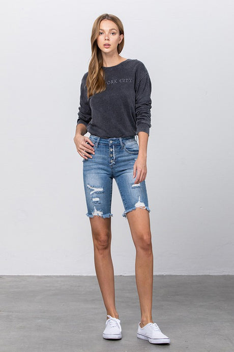 Frayed Raw Hem Ripped Bermuda Shorts