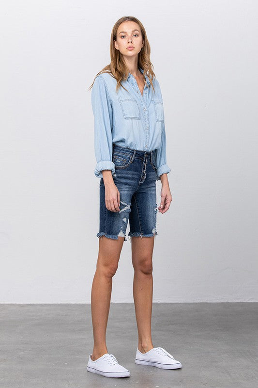 Frayed Raw Hem Ripped Bermuda Shorts