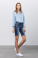 Frayed Raw Hem Ripped Bermuda Shorts