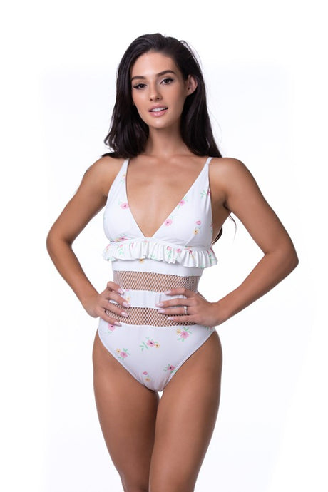 Floral Ruffle Trim Mesh One Piece Swimsuit