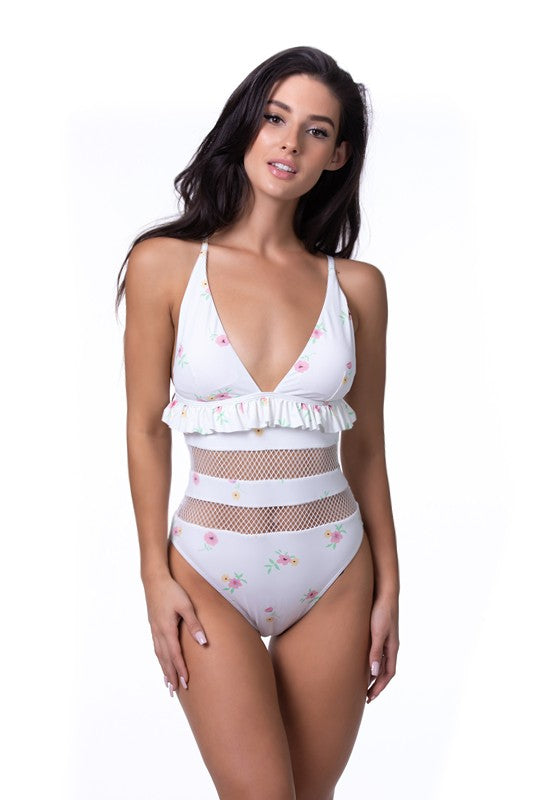 Floral Ruffle Trim Mesh One Piece Swimsuit