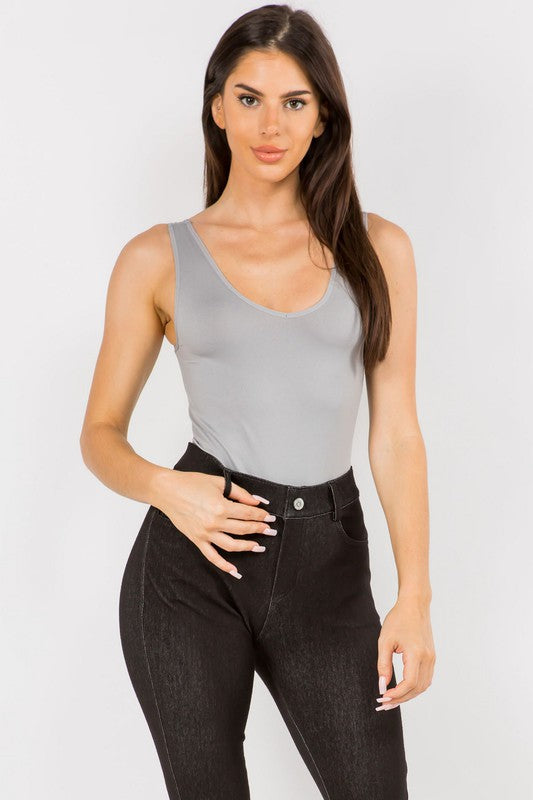 Reversible V-Neck Basic Tank Top Thong Bodysuit