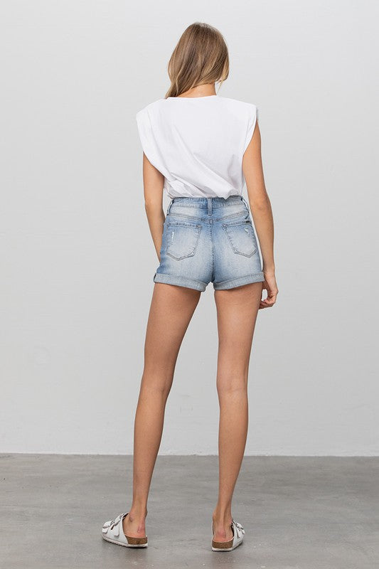 Double Waistband Medium Wash Denim Shorts