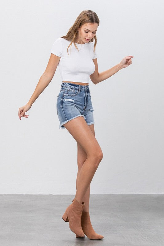 Frayed Hem High Rise Mom Shorts