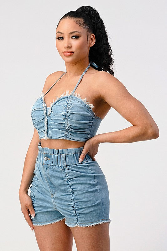 Denim Cropped Halter Top with Matching Shorts