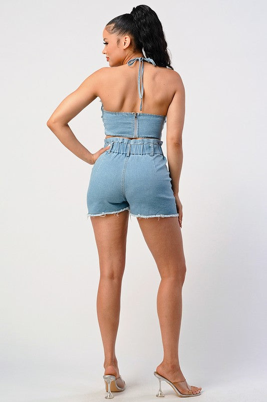 Denim Cropped Halter Top with Matching Shorts