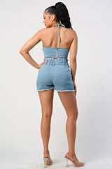 Denim Cropped Halter Top with Matching Shorts