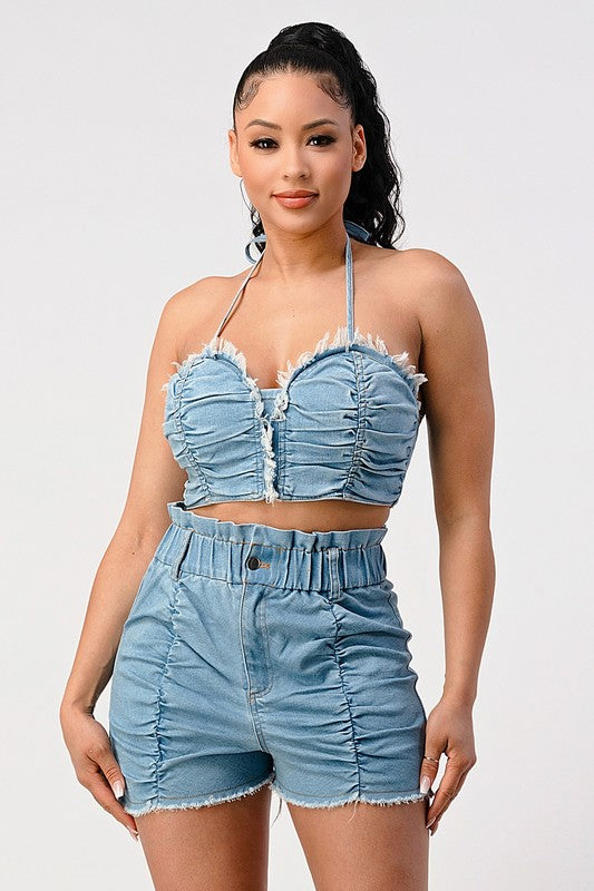 Denim Cropped Halter Top with Matching Shorts