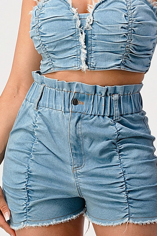 Denim Cropped Halter Top with Matching Shorts