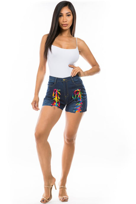 Dark Denim Shorts with Front Color Lace-Up king-general-store-5710.myshopify.com