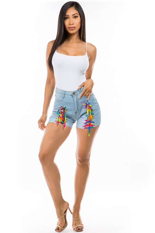 Light Blue Denim Shorts with Front Color Lace-Up king-general-store-5710.myshopify.com