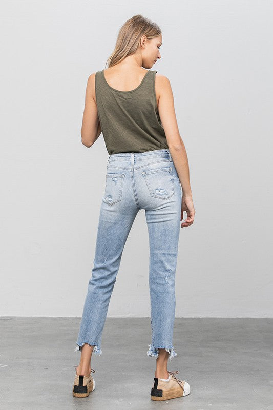 Cropped Button Closure Light Wash Denim Jeans