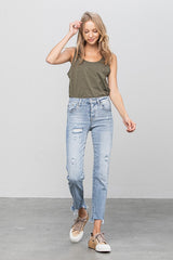 Cropped Button Closure Light Wash Denim Jeans