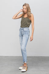 Cropped Button Closure Light Wash Denim Jeans