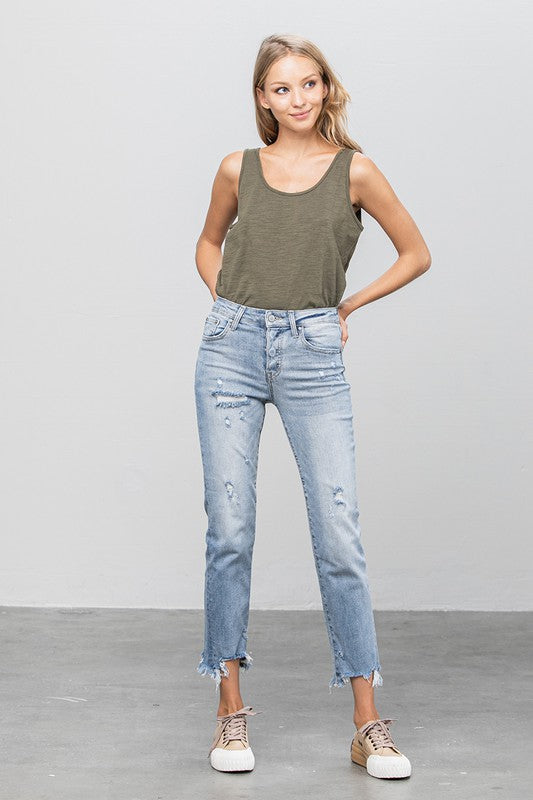 Cropped Button Closure Light Wash Denim Jeans