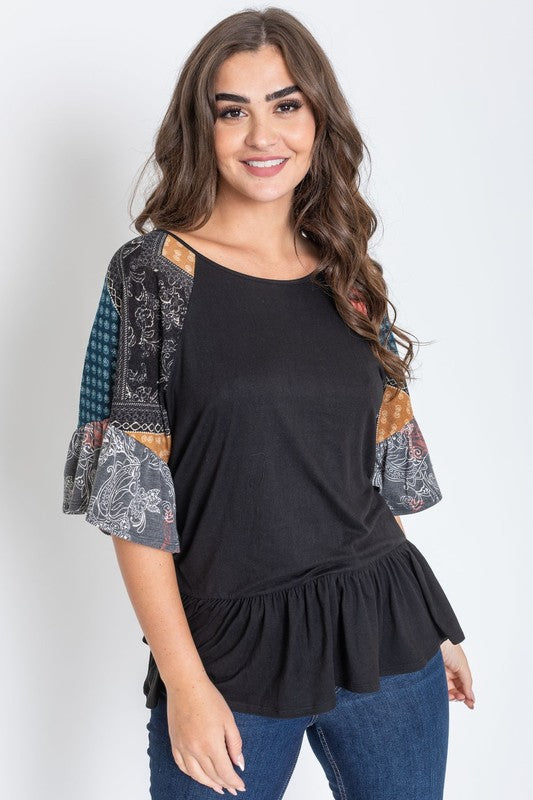 Patchwork Ruffle Sleeve Tunic Top