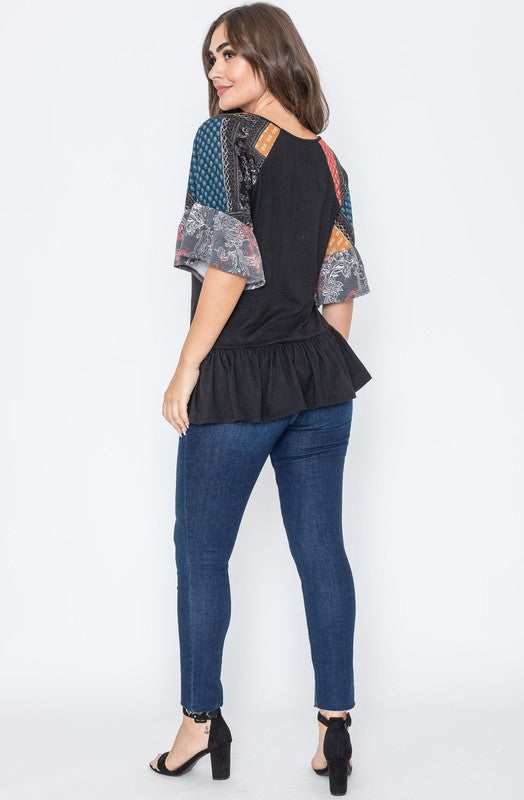 Patchwork Ruffle Sleeve Tunic Top