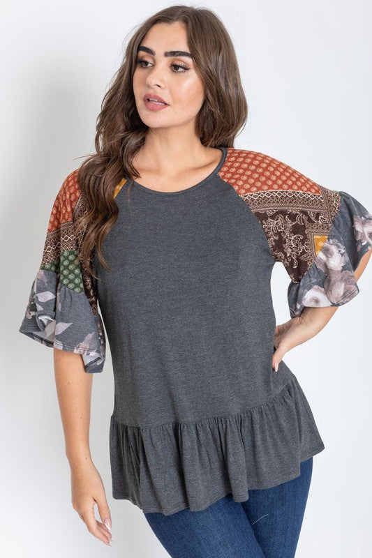 Patchwork Ruffle Sleeve Tunic Top