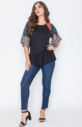 Patchwork Ruffle Sleeve Tunic Top