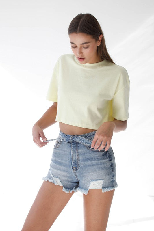 Front Ribbon Tie Medium Wash Denim Shorts