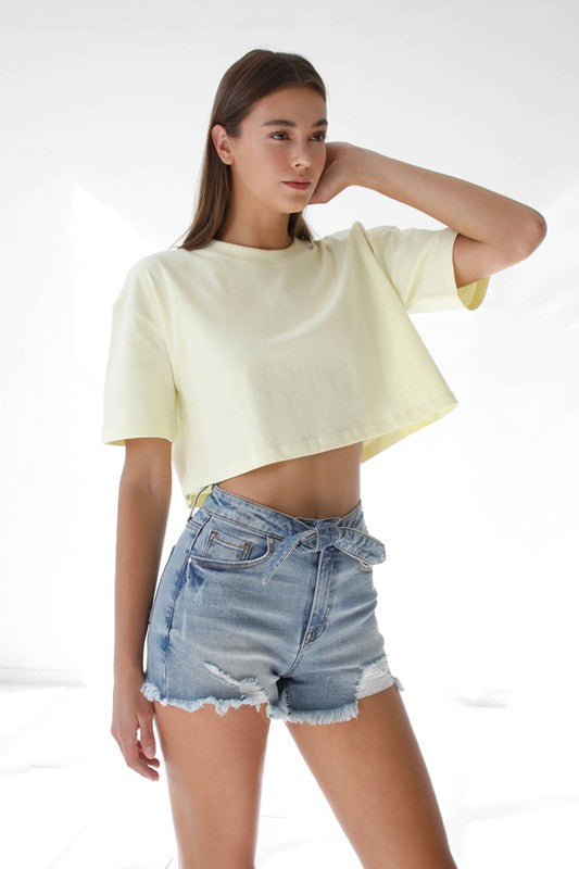 Front Ribbon Tie Medium Wash Denim Shorts