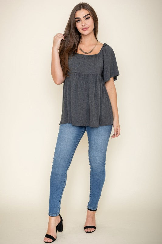 Plus Solid Square Neck Babydoll Tunic Top