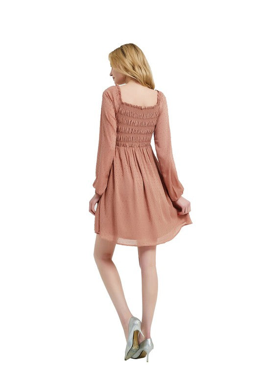 Front Smocking Long Sleeve Mini Dress