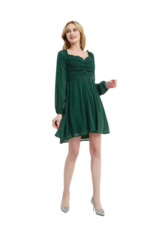 Front Smocking Long Sleeve Mini Dress