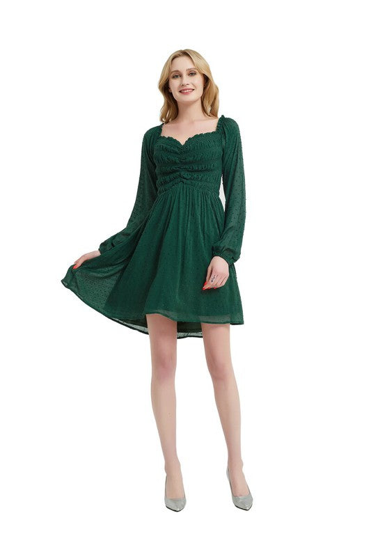 Front Smocking Long Sleeve Mini Dress