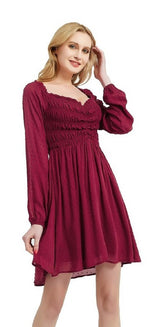 Front Smocking Long Sleeve Mini Dress