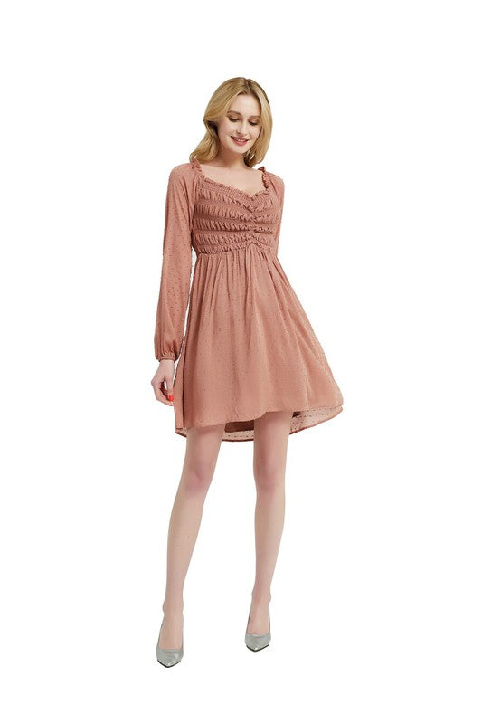 Front Smocking Long Sleeve Mini Dress