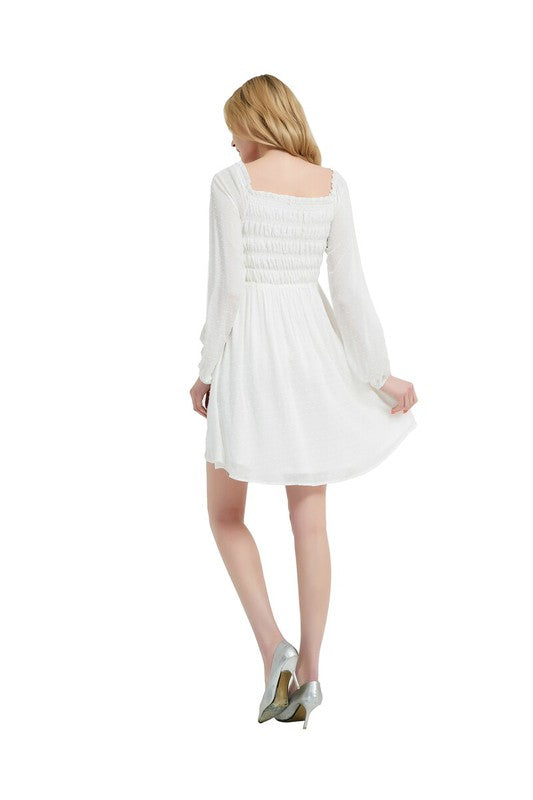 Front Smocking Long Sleeve Mini Dress