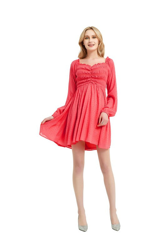 Front Smocking Long Sleeve Mini Dress