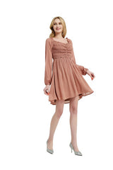 Front Smocking Long Sleeve Mini Dress