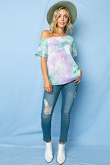 TIE DYE THERMAL ONE SHOULDER SHORT SLEEVE TOP