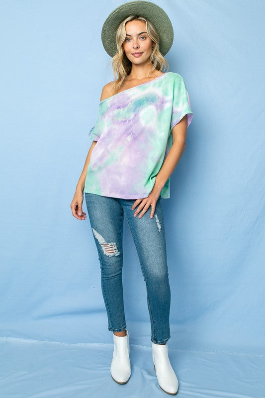 TIE DYE THERMAL ONE SHOULDER SHORT SLEEVE TOP