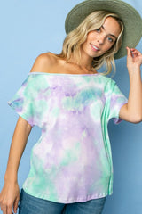 TIE DYE THERMAL ONE SHOULDER SHORT SLEEVE TOP