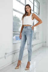 HIGH RISE GIRLFRINED JEANS LIGHT WASH