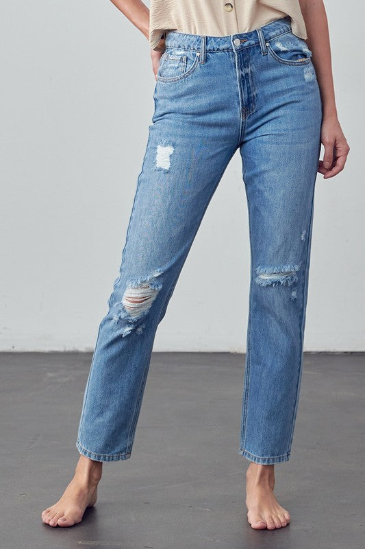 High Rise Distressed Straight Jeans