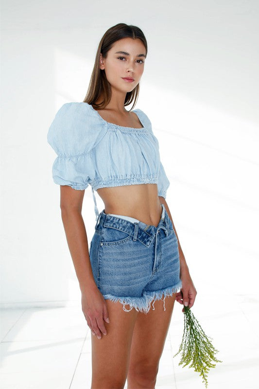 Front Ribbon Design Mid Rise Frayed Denim Shorts